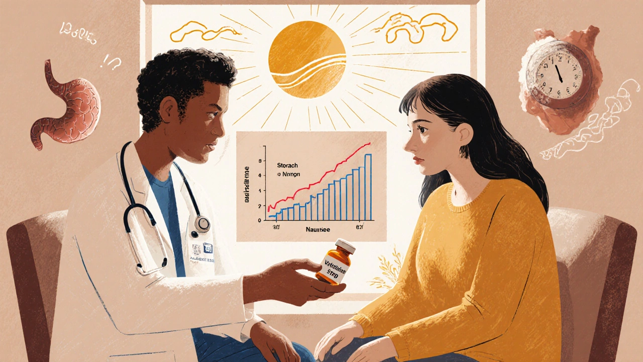 Médecin remettant une faible dose de vortioxétine à un patient, avec des symboles de santé mentale et digestive en arrière-plan.
