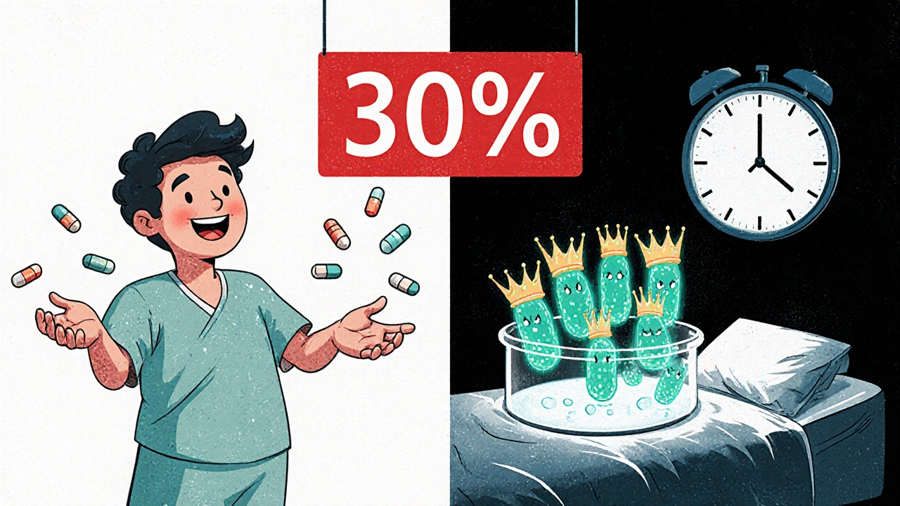 Patient jette des antibiotiques tandis que des bactéries résistantes se multiplient en arrière-plan, symbole de danger.