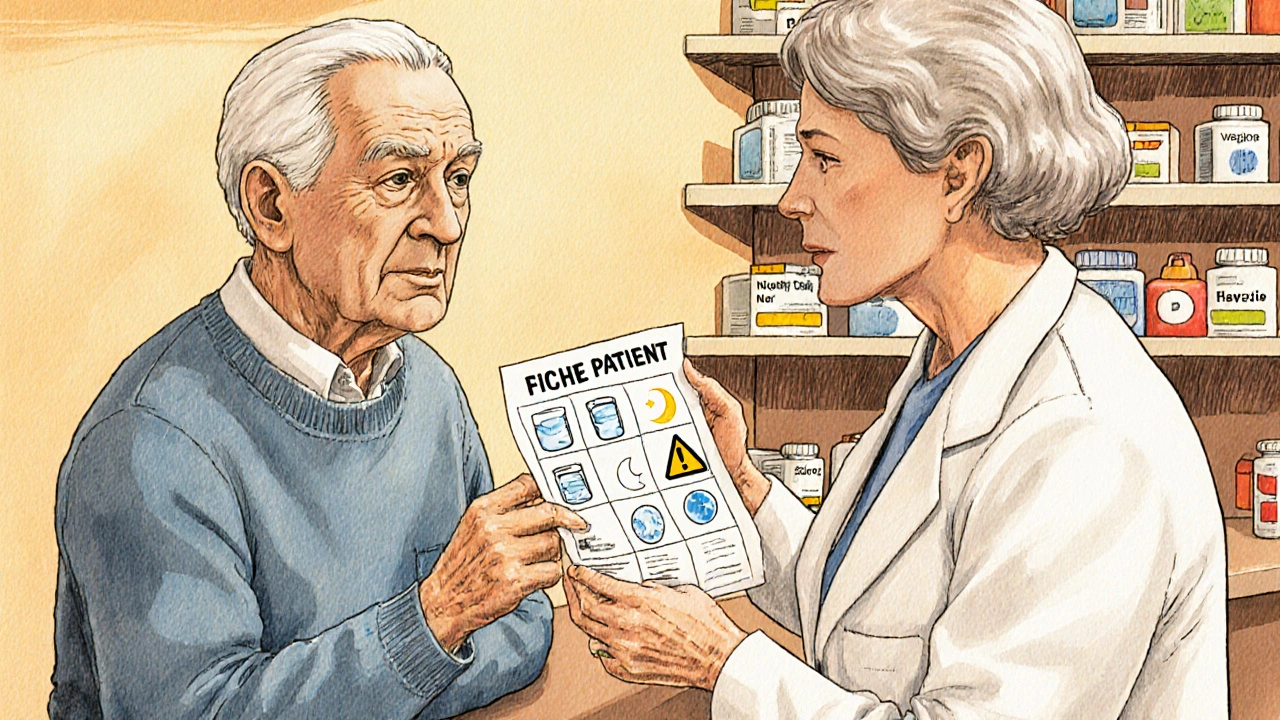 Pharmacien explique une fiche patient simplifiée à un aîné dans une pharmacie, avec des pictogrammes visibles.