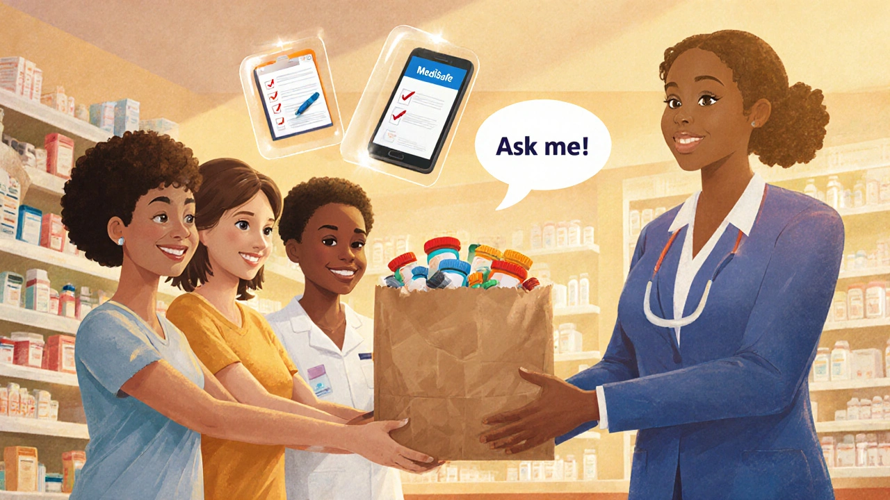 Pharmacien reçoit un sac de médicaments de patients dans une pharmacie chaleureuse, symbole de sécurité et d&#039;écoute.