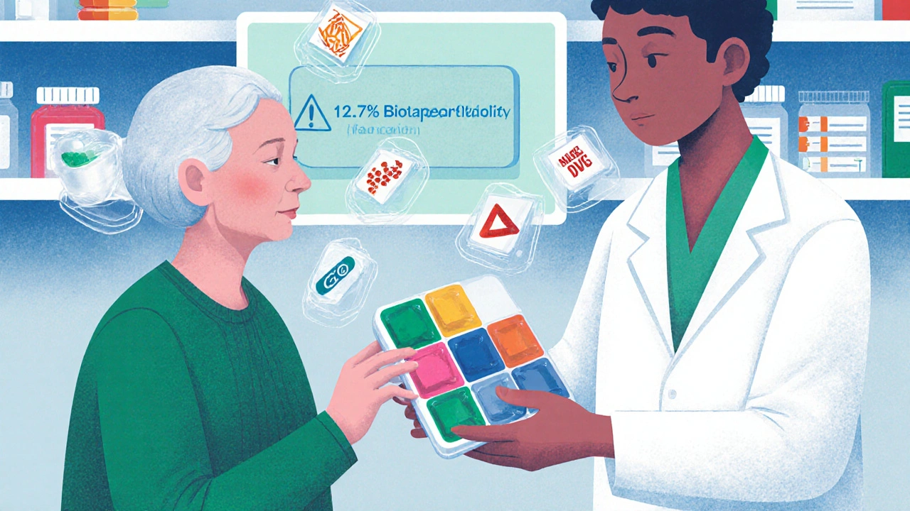 Pharmacien remettant une boîte à pilules colorée à un patient âgé en pharmacie.