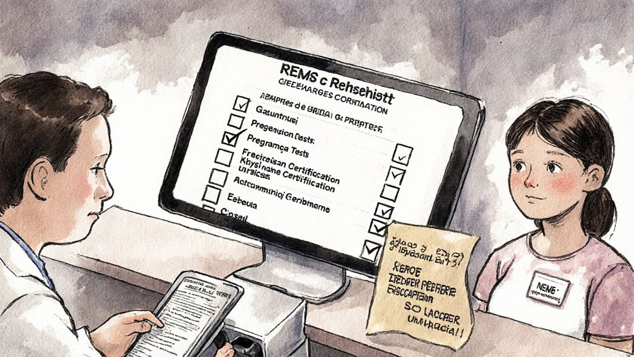 Pharmacien vérifiant une ordonnance REMS avec un patient non anglophone confus.