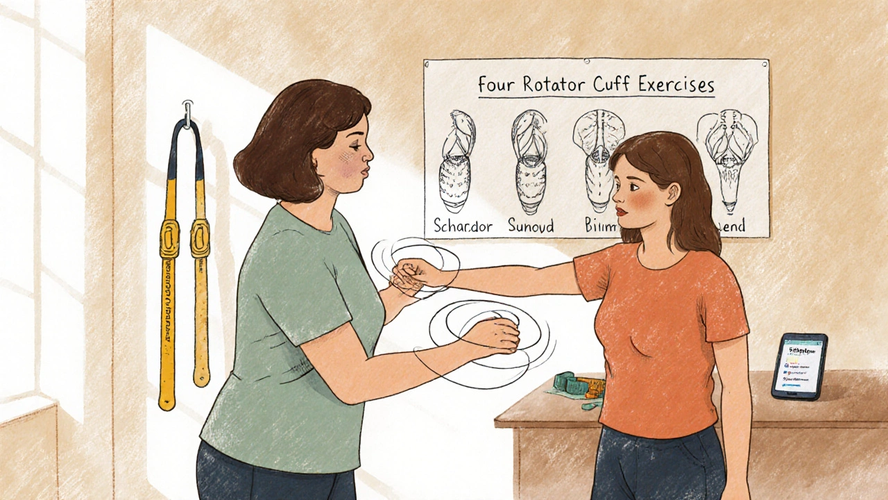 Physiothérapeute aidant un patient à faire un exercice de pendule, avec un élastique et un téléphone en arrière-plan.