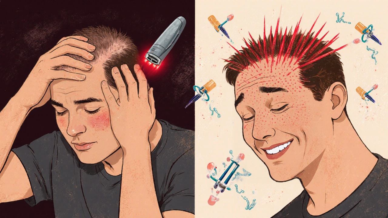 Scène divisée montrant l&#039;évolution d&#039;un homme après 6 mois de traitement contre la chute des cheveux.