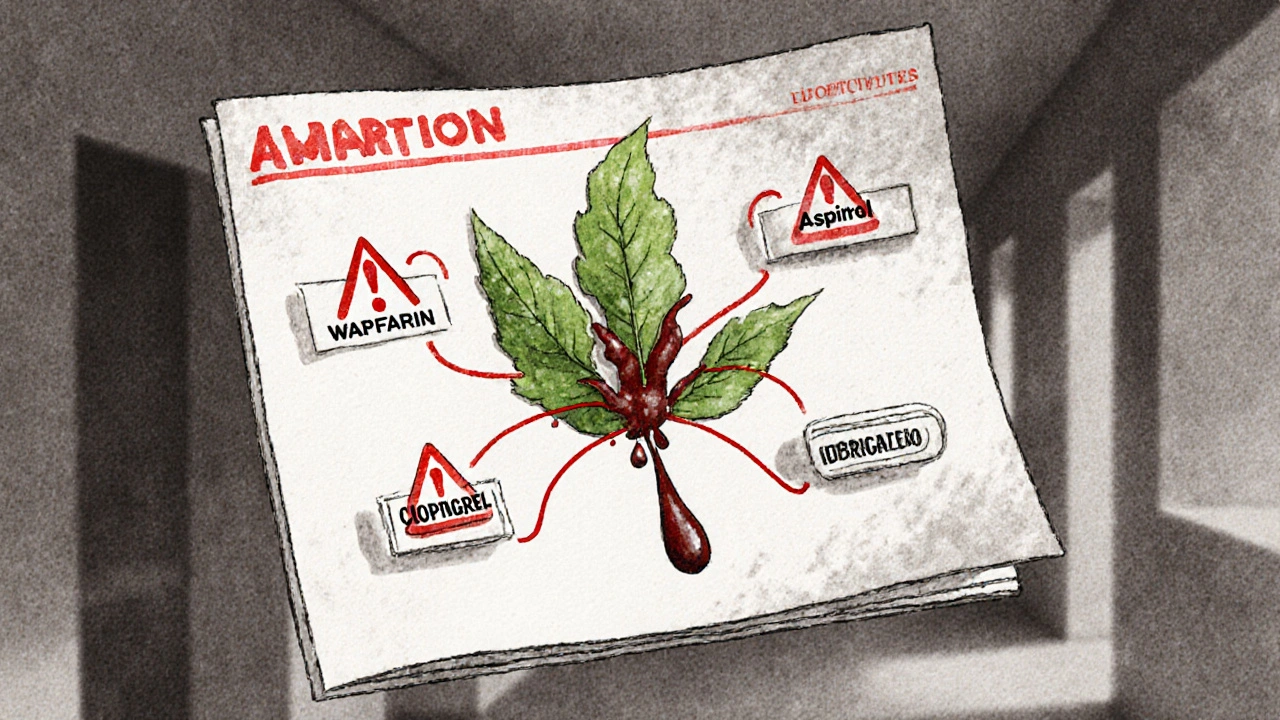Schéma médical avec des médicaments reliés à une feuille de ginkgo qui goutte du sang, entouré de symboles d&#039;avertissement.
