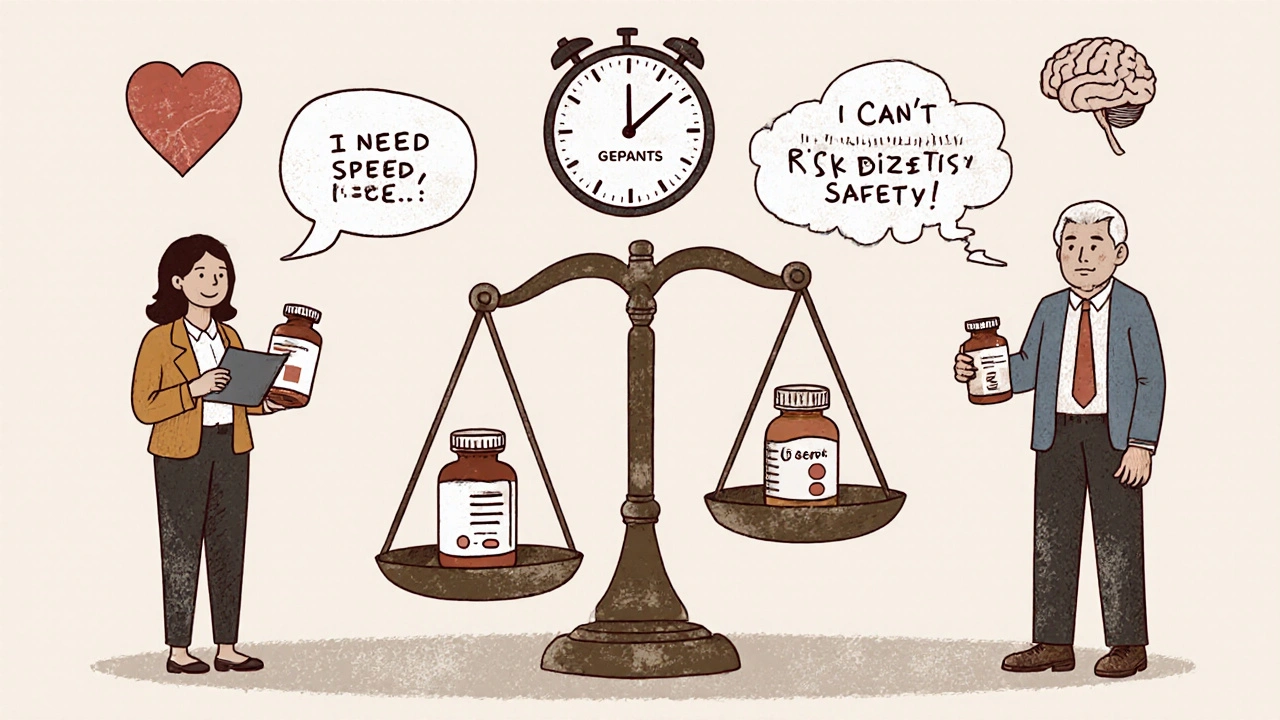 Trois personnes dans des situations quotidiennes choisissant leur traitement contre la migraine selon leurs besoins.