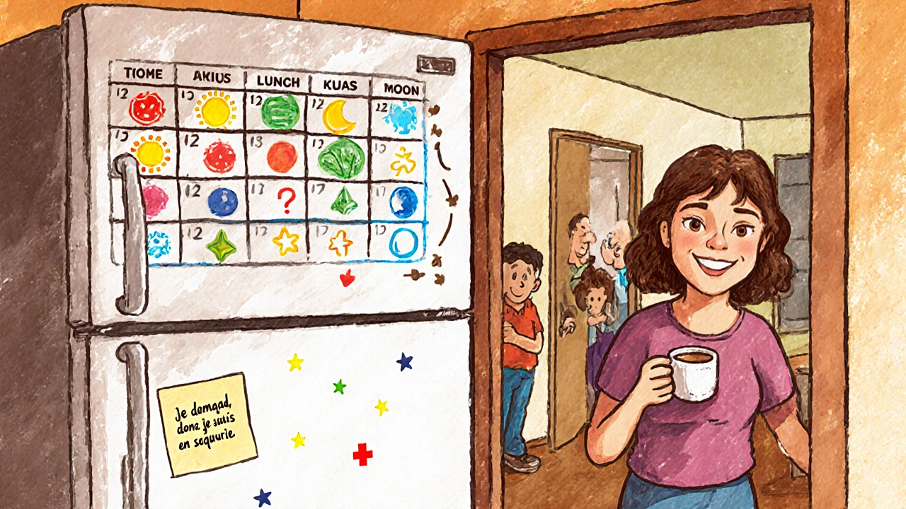 Un calendrier de médicaments coloré est affiché sur un réfrigérateur avec des icônes et une note encourageante.
