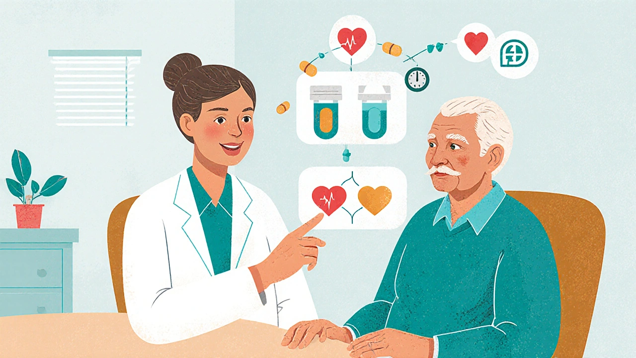 Un médecin et un patient âgé regardent ensemble un schéma montrant la transformation de plusieurs comprimés en un seul.