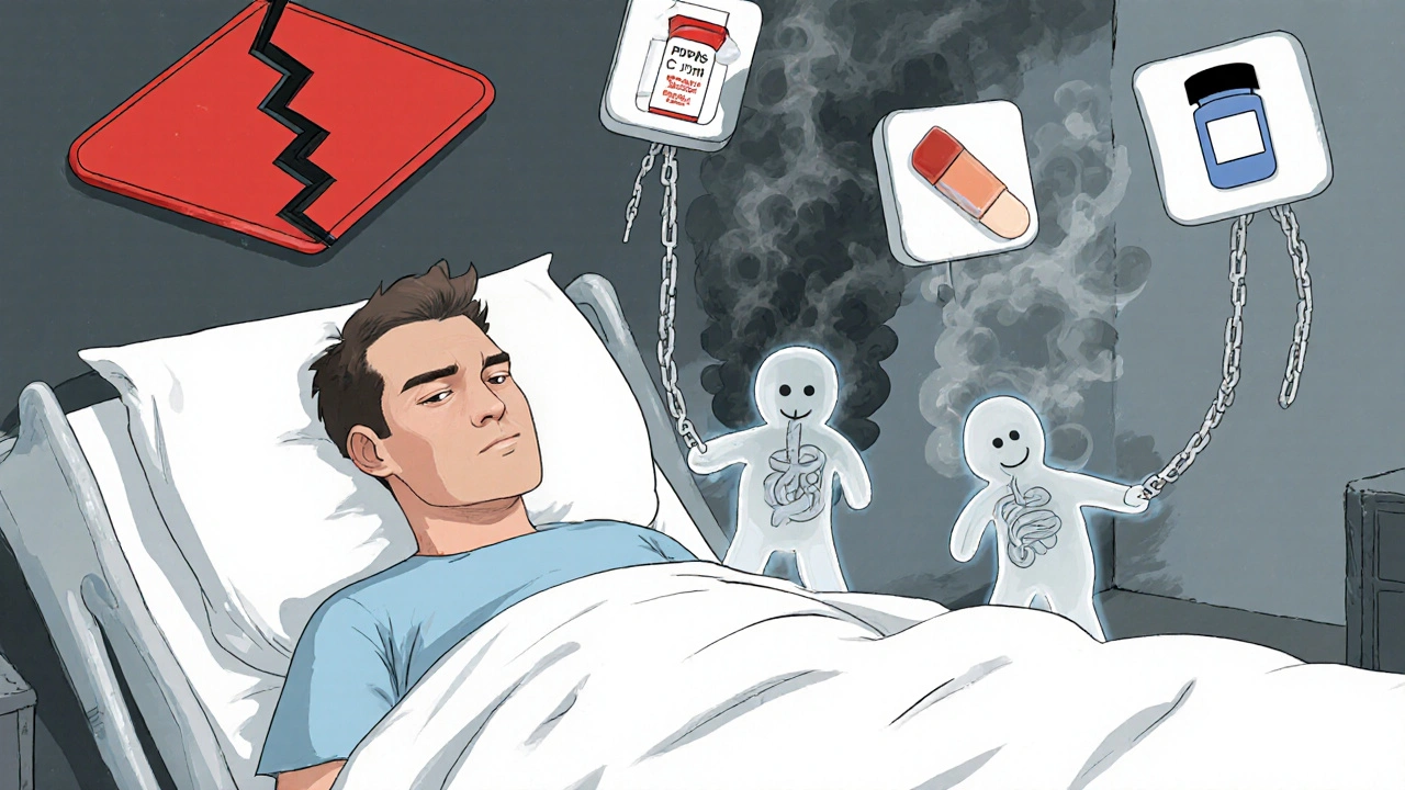 Un patient affaibli avec des bactéries C. difficile qui s'élèvent de son abdomen.