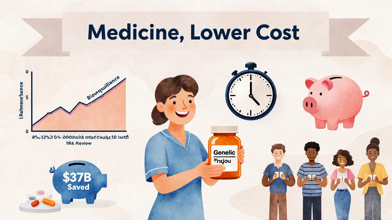 Un patient reçoit un médicament générique entouré d&#039;icônes représentant l&#039;équivalence biologique, la révision FDA et les économies de santé.