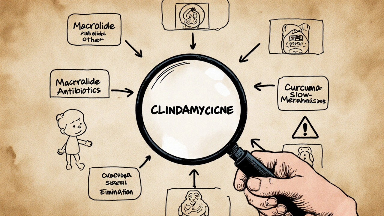 Un pharmacien examine un schéma d'interactions médicamenteuses avec la clindamycine.