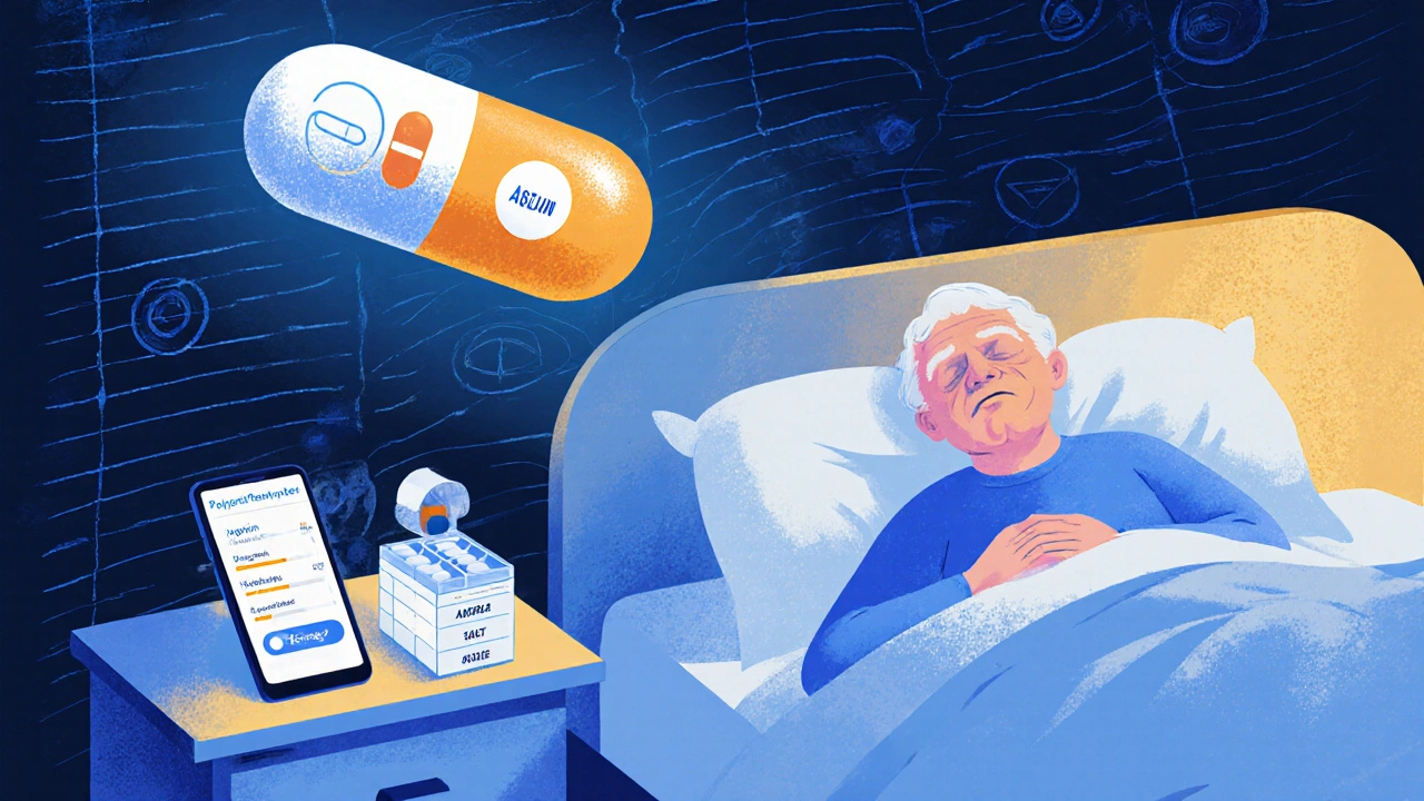 Un polypill flotte au-dessus d&#039;une table de nuit, accompagné d&#039;un organisateur de médicaments et d&#039;une alarme sur téléphone.