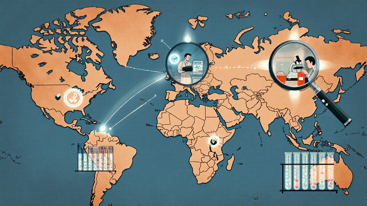 Une carte mondiale montre des usines de génériques avec des sceaux de la FDA, des inspecteurs et des tests de stabilité en cours.