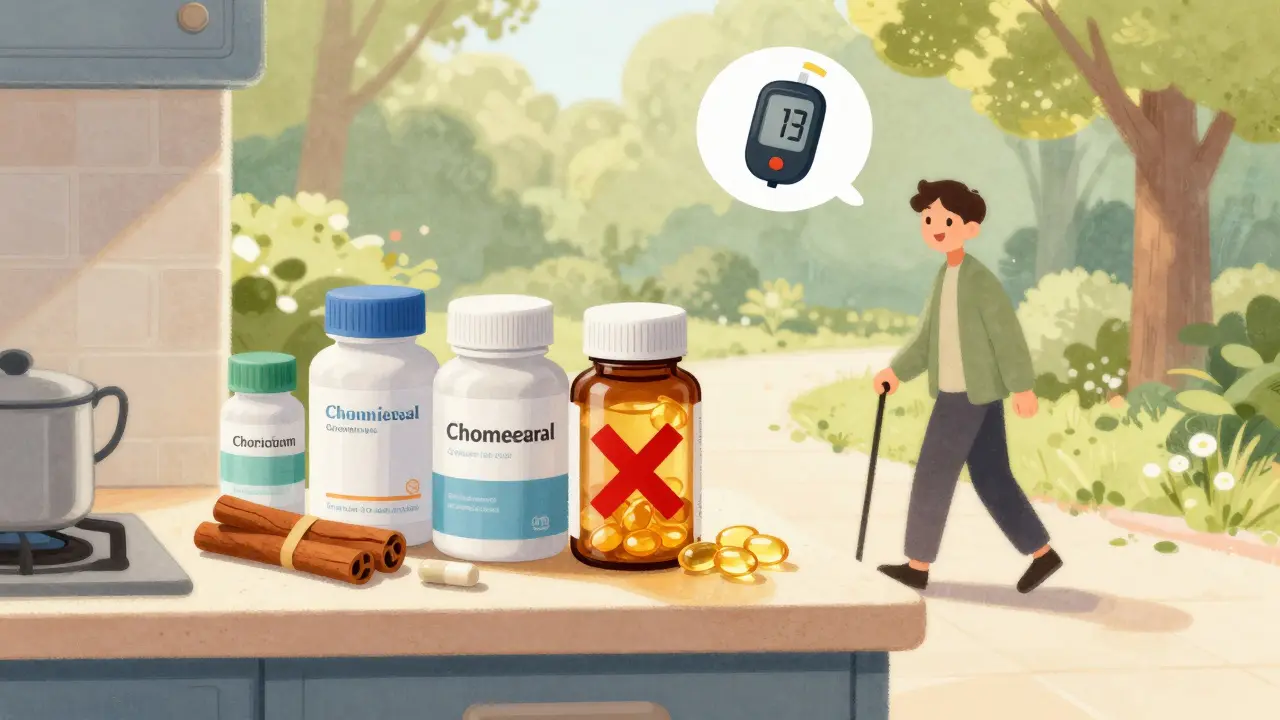 Alternatives sûres au goldenseal : cannelle, chrome et oméga-3 sur un comptoir, avec une personne en pleine activité physique.