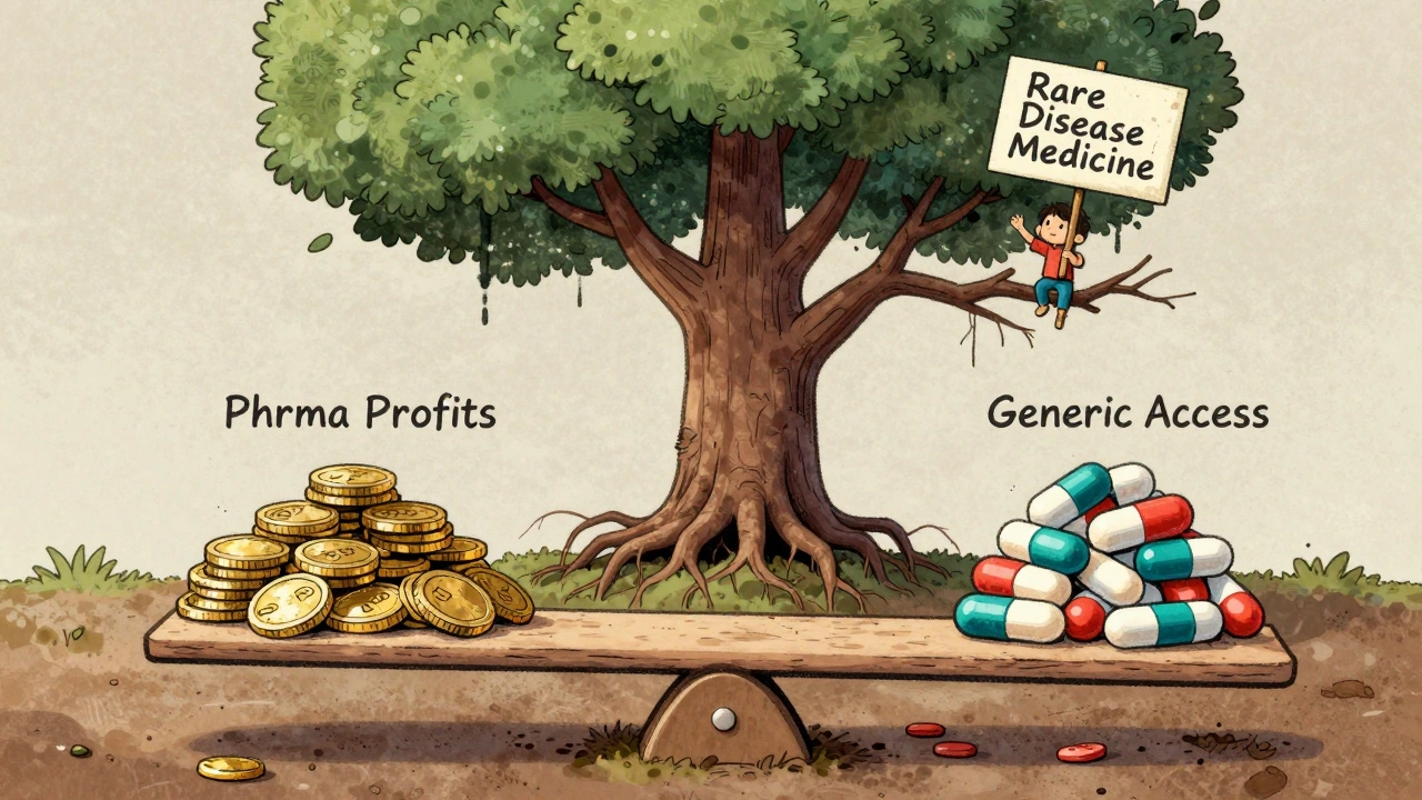 Balançoire entre bénéfices pharmaceutiques et accès aux génériques, avec un arbre de brevets et une enfant pour les maladies rares.