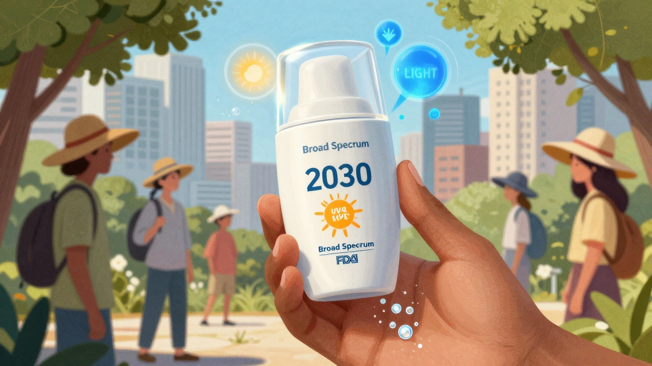 Bouteille de crème solaire futuriste protégeant contre UV, lumière bleue et infrarouges, avec chapeau, vêtements UPF et peau foncée sans blanc.