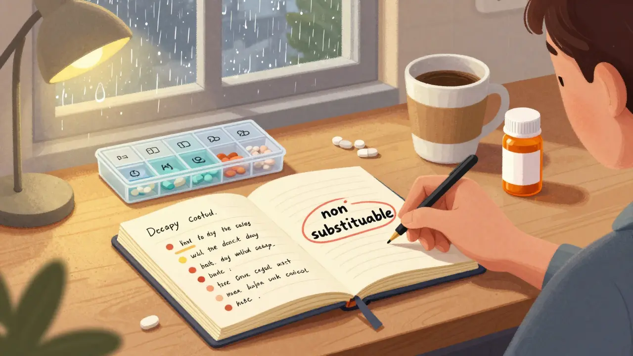 Carnet personnel ouvert avec notes manuscrites sur les pilules, les crises et l'indication 'non substituable'.