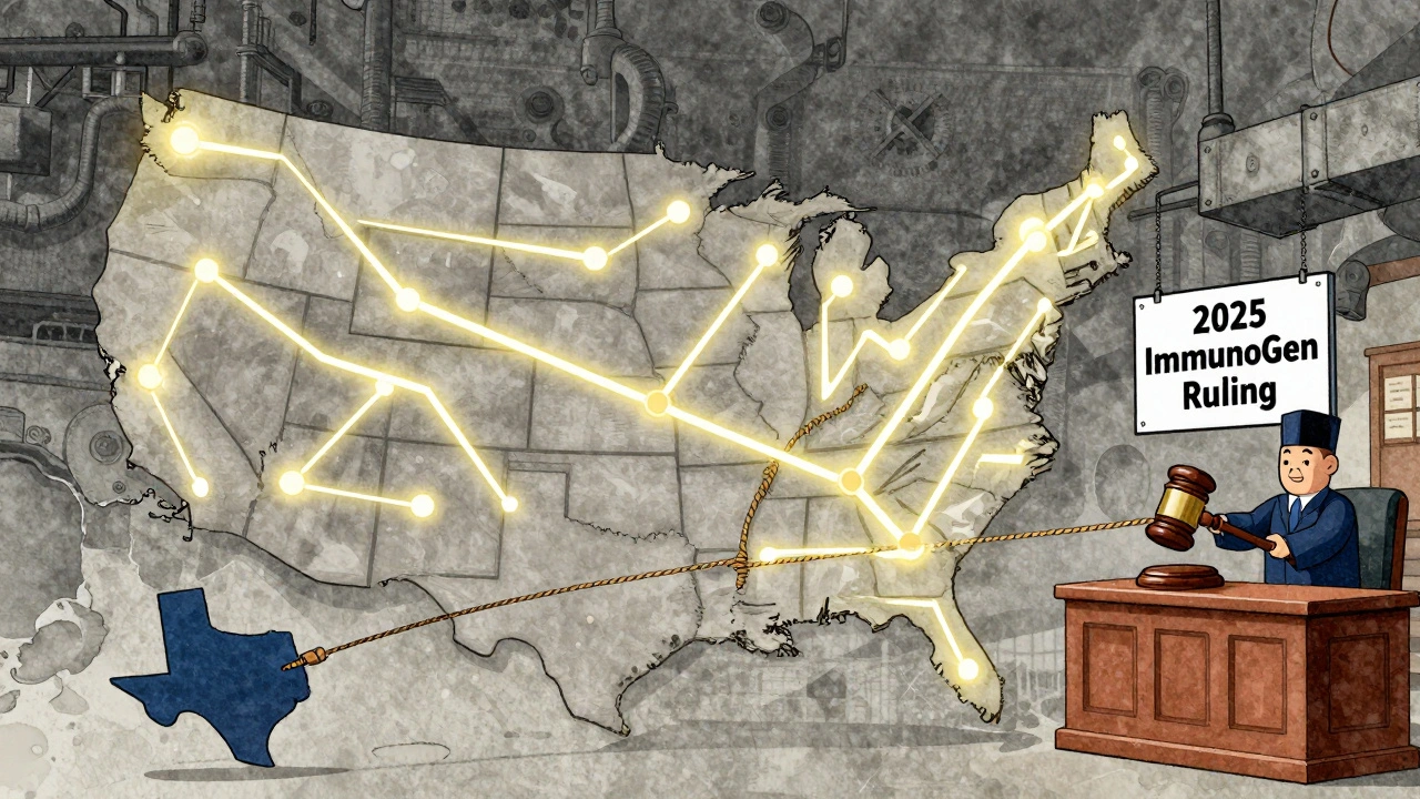 Carte des États-Unis montrant les litiges pharmaceutiques convergent vers le Delaware, avec un juge en action.