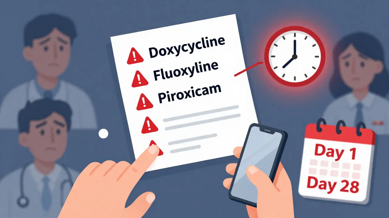 Charte médicale avec des médicaments en alerte rouge, une main tendue vers un téléphone, un horloge marquant les 28 premiers jours.