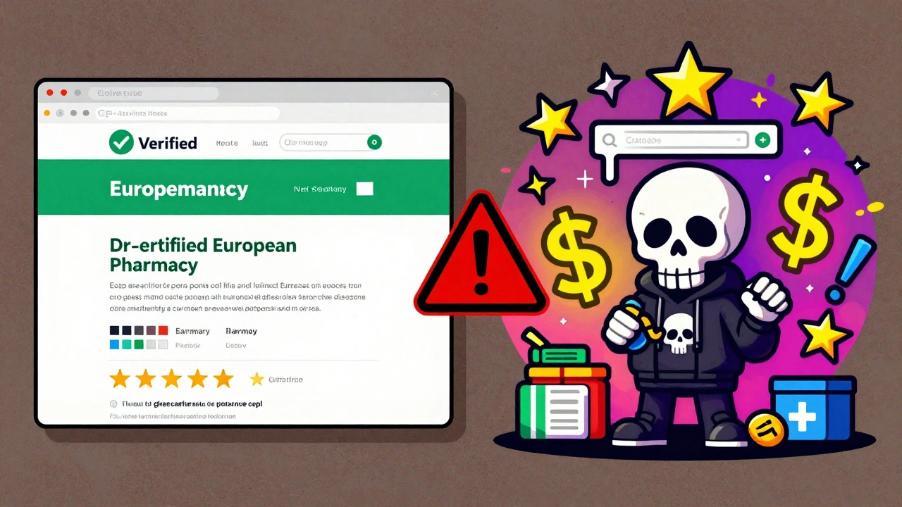 Comparaison illustrée entre une pharmacie en ligne légale et un site frauduleux.