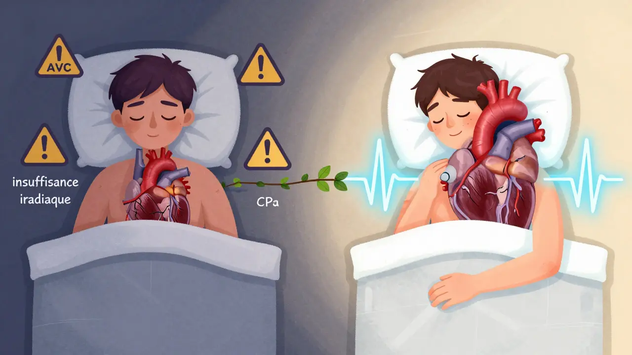 Comparaison visuelle : cœur endommagé sans traitement CPAP versus cœur sain avec traitement, illustrant la récupération cardiaque.