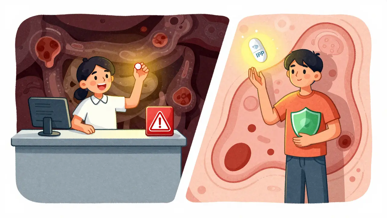 Deux chemins en pharmacie : l'un dangereux avec des AINS, l'autre sûr avec du paracétamol et un protecteur gastrique.