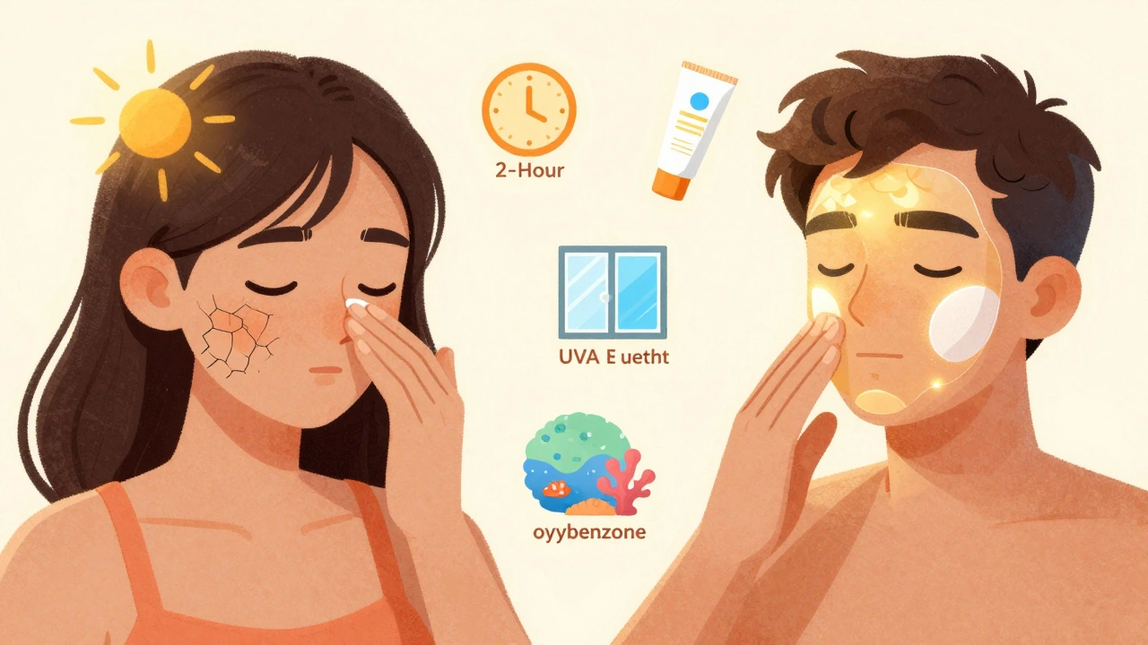 Deux personnes appliquant du sunscreen : l&#039;une mal, l&#039;autre bien, avec des icônes de réapplication, vitre et récif corallien.