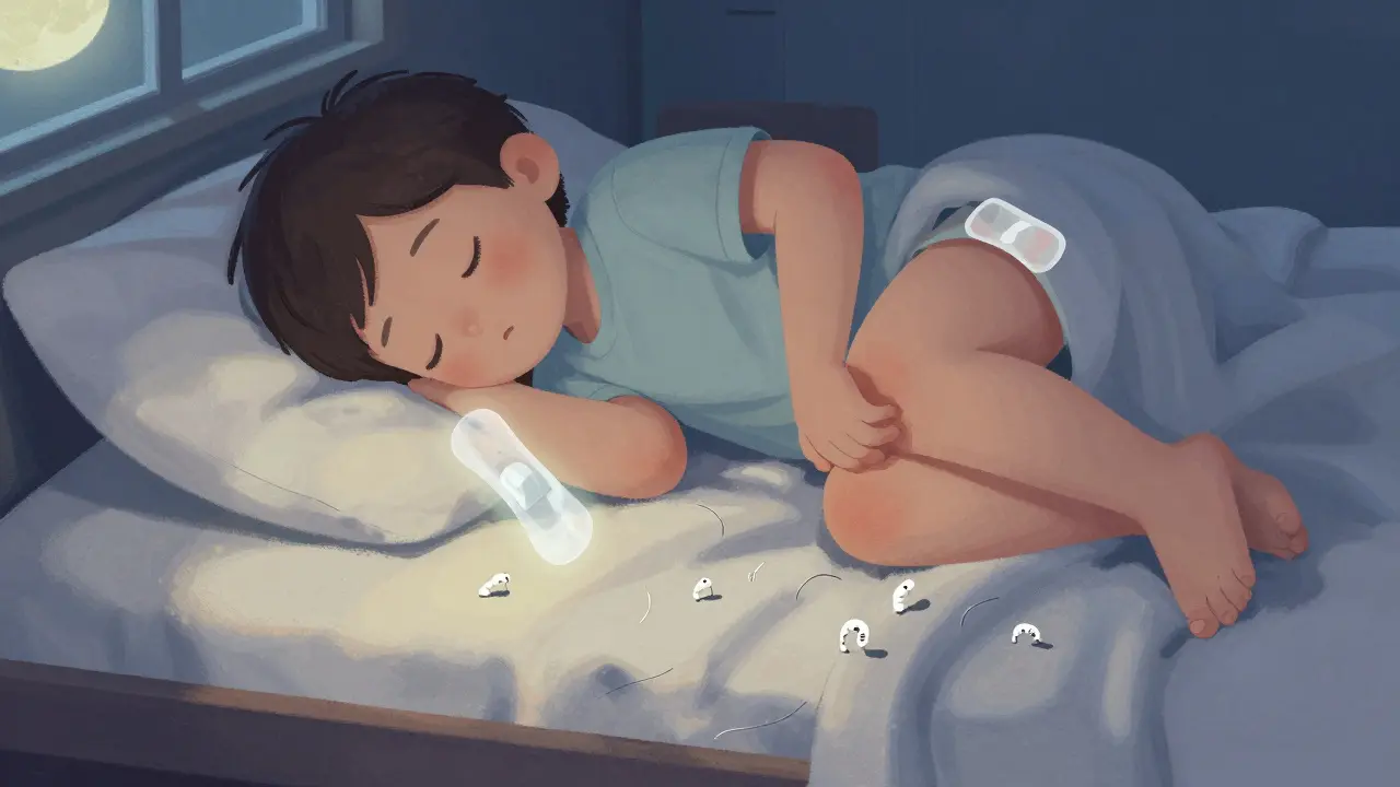 Enfant qui se gratte la nuit pendant que des oxyures sortent de son anus.