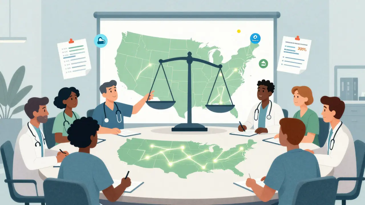 Équipe médicale réunie autour d'une carte des États-Unis montrant des économies collectives.