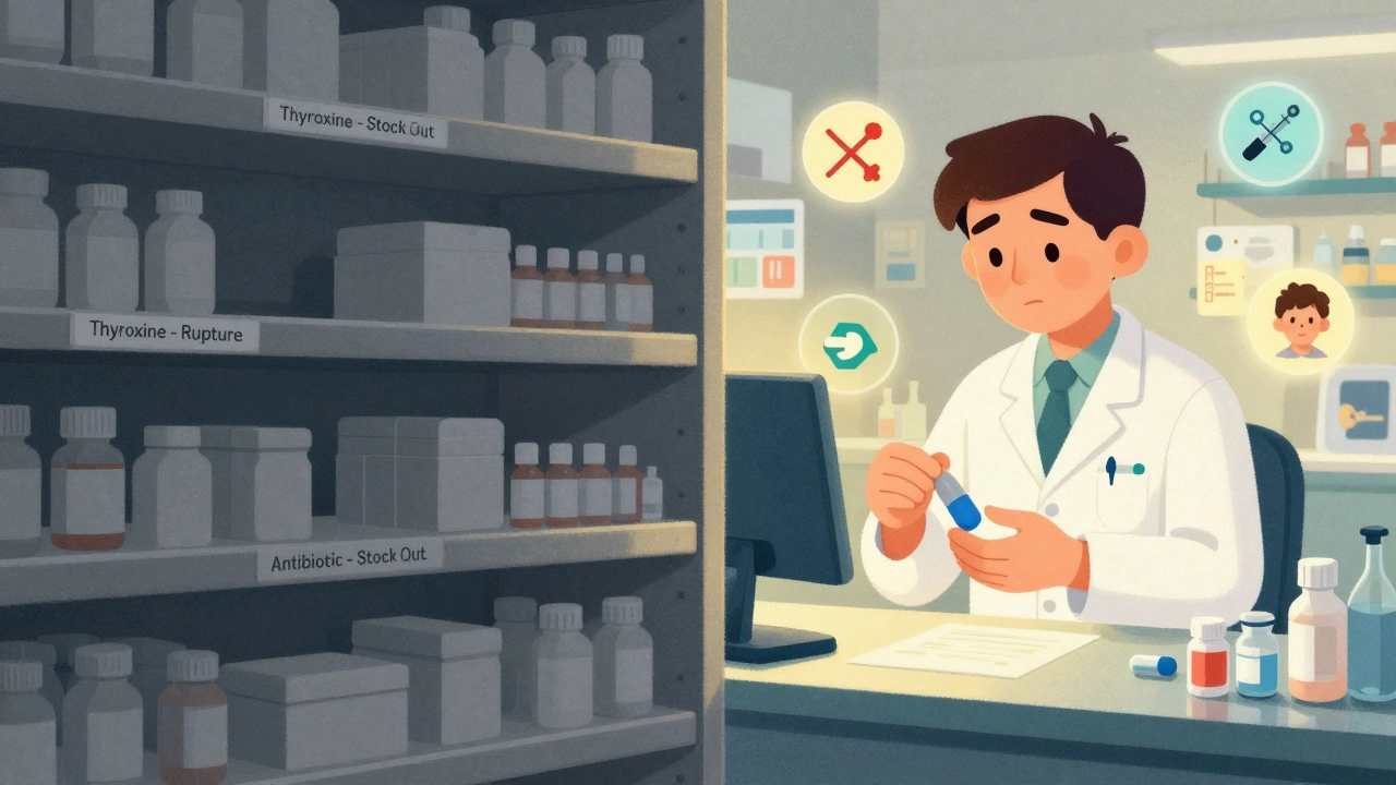 Étagère vide face à un laboratoire où des médicaments sur mesure sont préparés.