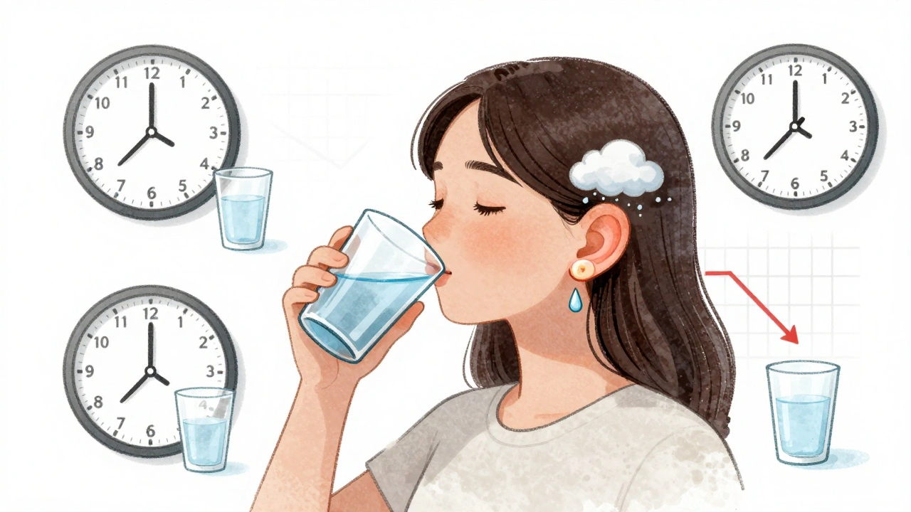 Femme buvant de l&#039;eau tout au long de la journée, avec des gouttes d&#039;eau stabilisant la pression de l&#039;oreille.