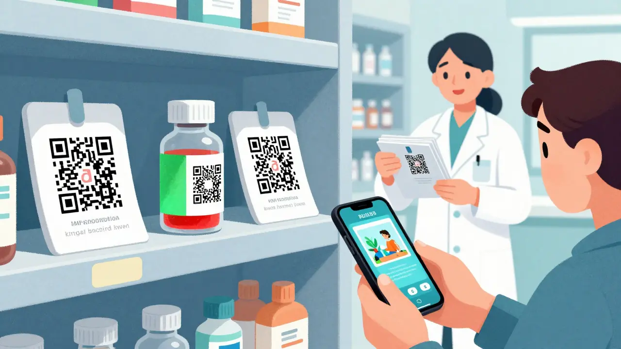 Flacon d’insuline avec étiquette changeant de couleur et patient scannant un code QR.