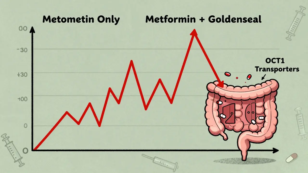 Graphique de glycémie instable causée par la combinaison de métformine et de goldenseal, avec des portes bloquées dans un intestin schématique.
