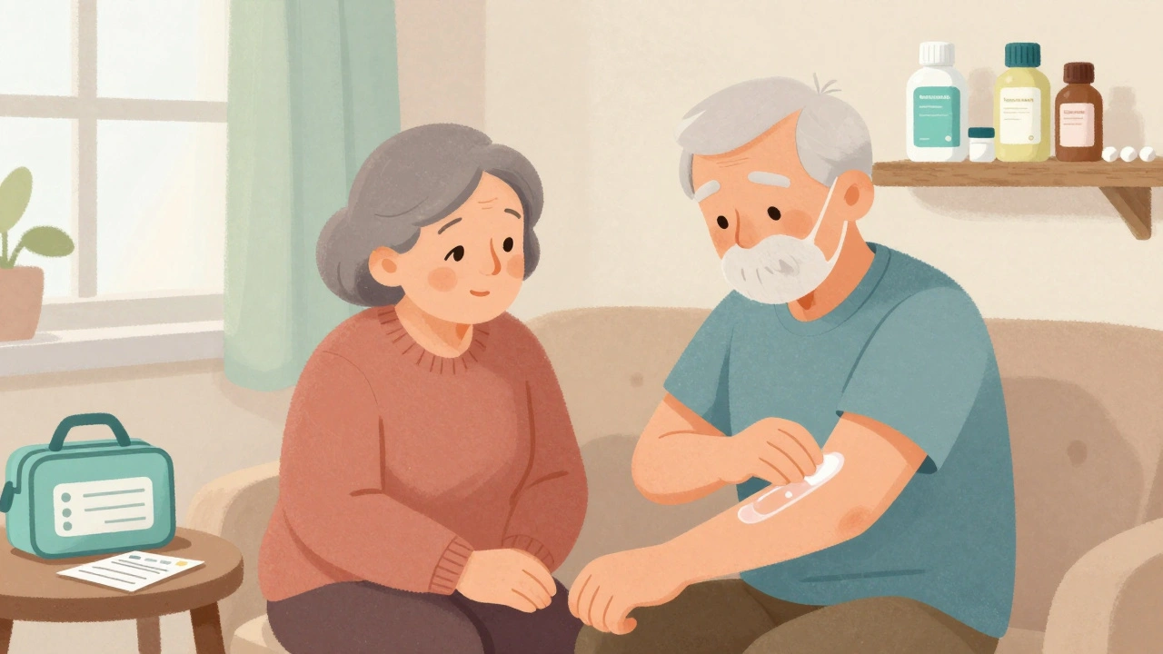 Homme âgé applique une crème sur mesure pour soulager ses douleurs.