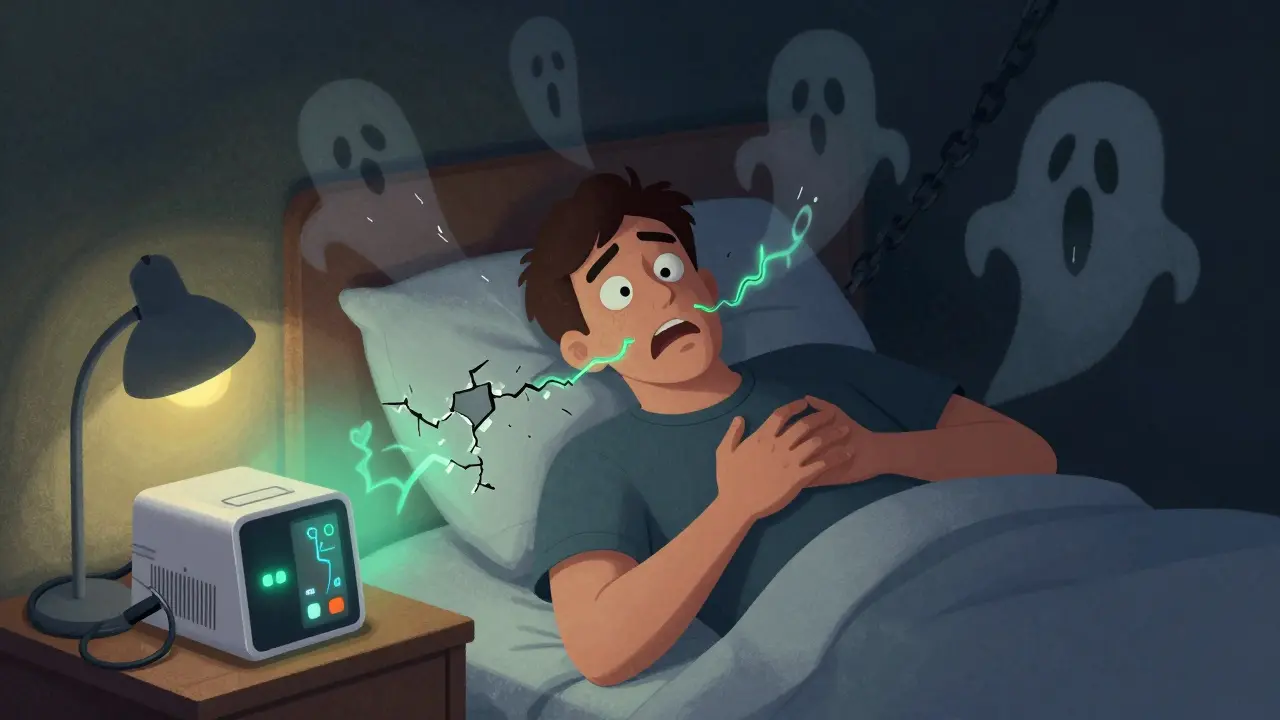 Homme réveillé en pleine nuit, main sur la poitrine, machine CPAP émettant une lumière apaisante qui répare son cœur.