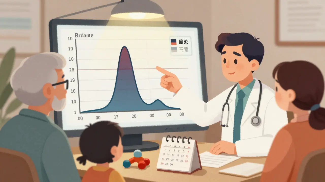 Neurologue expliquant à un patient âgé un graphique de concentration sanguine montrant la stabilité d'un médicament de marque versus un générique.