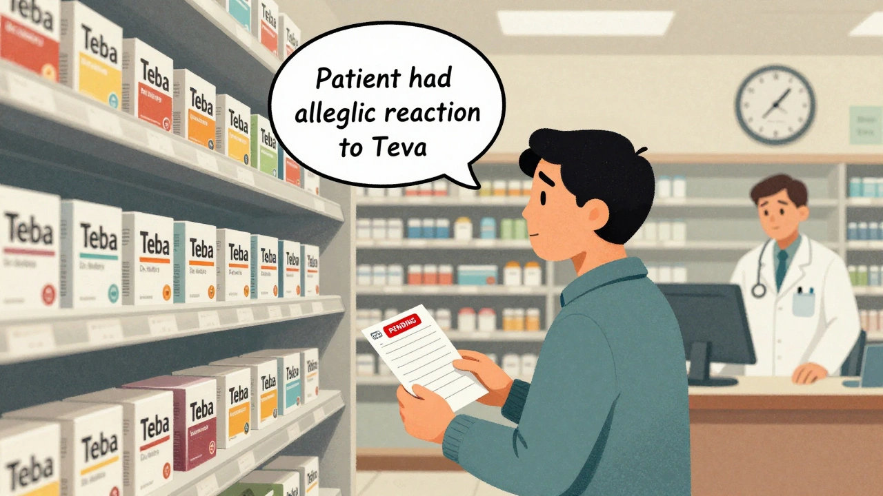 Patient dans une pharmacie regardant des génériques différents avec une demande en attente.