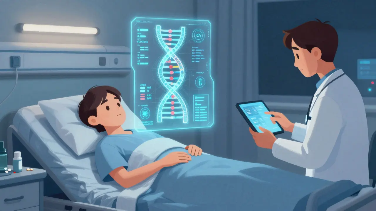 Patient endormi avec un profil ADN holographique au-dessus de lui, un médecin consulte un tableau de interactions médicamenteuses.
