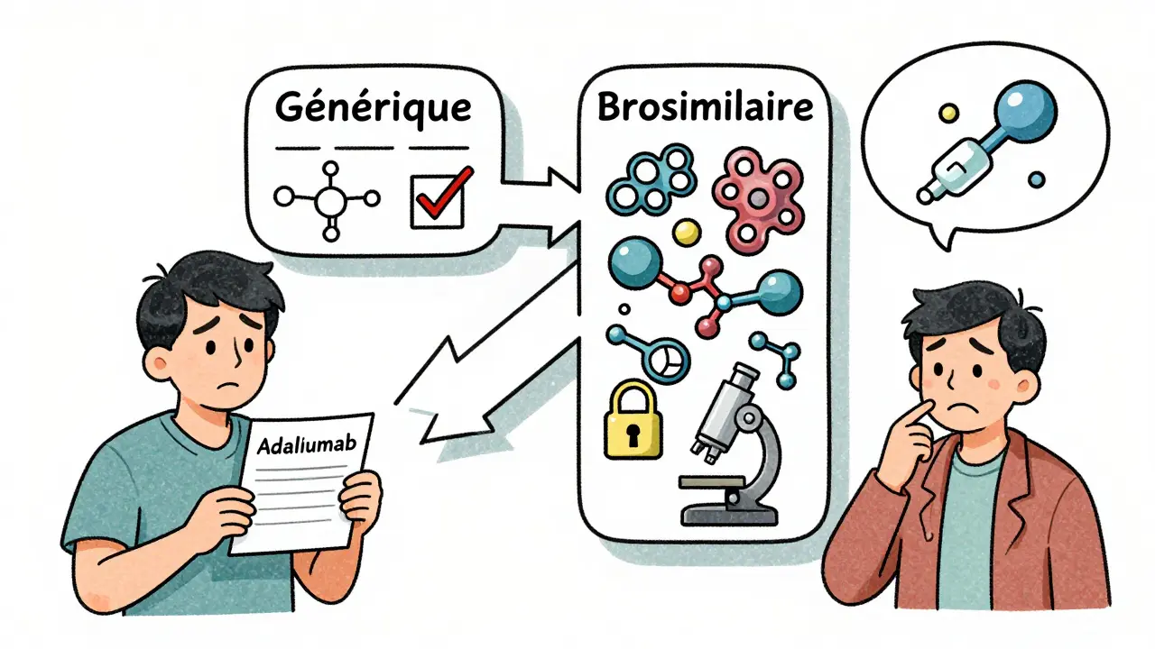 Patient perplexe face à deux chemins : générique simple vs biosimilaire complexe, avec des molécules et un symbole de verrou.
