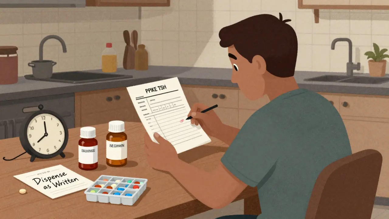 Patient regardant un résultat de sang anormal avec plusieurs boîtes de génériques sur la table.