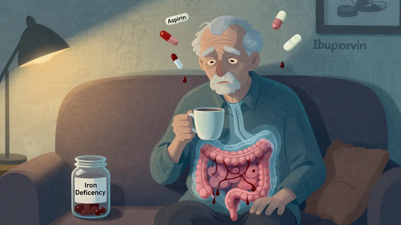 Personne âgée fatiguée avec un flux de sang invisible provenant de l'intestin, symbolisant une anémie causée par des AINS.
