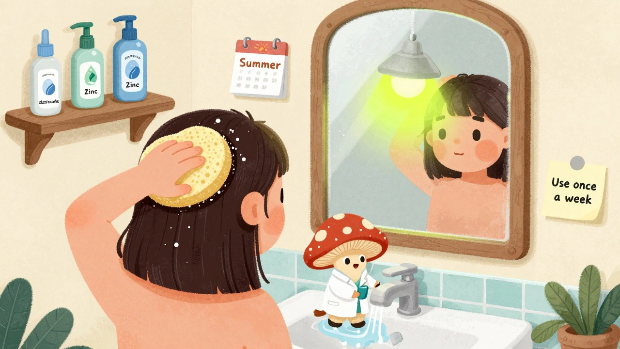 Personne appliquant un shampoing antifongique sur le dos, avec un champignon cartoon qui disparaît, dans une salle de bain.