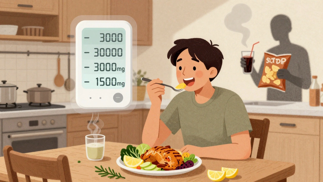 Personne mangeant des aliments frais sans sel, entourée d&#039;éléments alimentaires à éviter qui disparaissent.