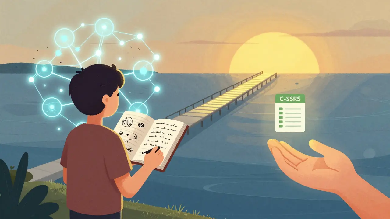 Personne tenant un carnet de suivi, un réseau neuronal perturbé derrière elle, un pont lumineux menant au lever du soleil.