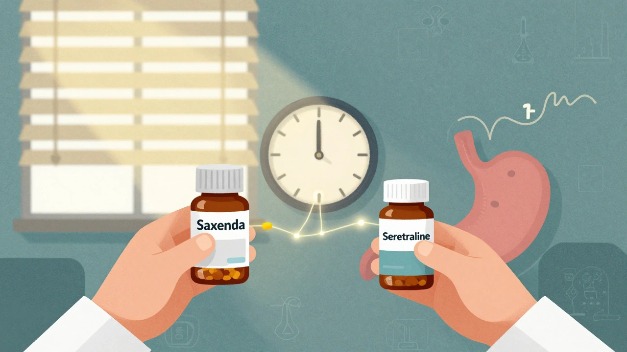 Pharmacie illustrant la séparation de deux médicaments avec un intervalle de deux heures pour éviter une interaction.