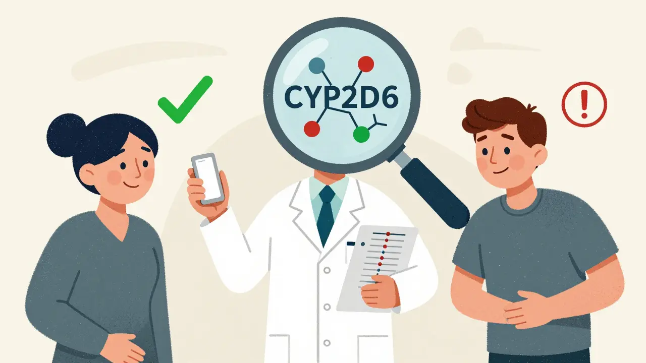 Pharmacien entre deux patients, l'un en sécurité, l'autre en danger, avec un loupé révélant des interactions gène-médicament.