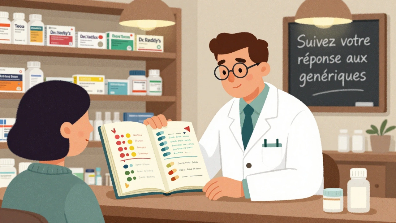 Pharmacien examinant un journal de médication coloré avec des comparaisons d&#039;apparence de comprimés.