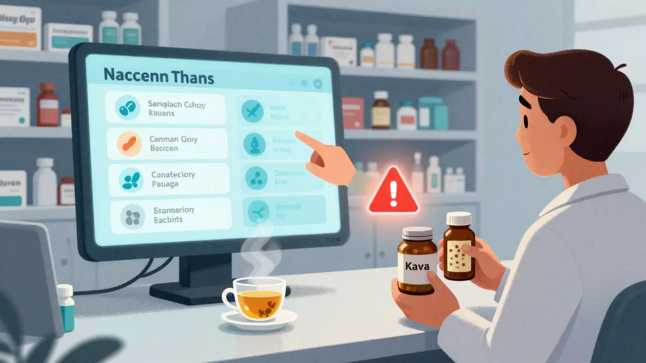 Pharmacien montre des interactions dangereuses entre un complément et un médicament sur un écran.