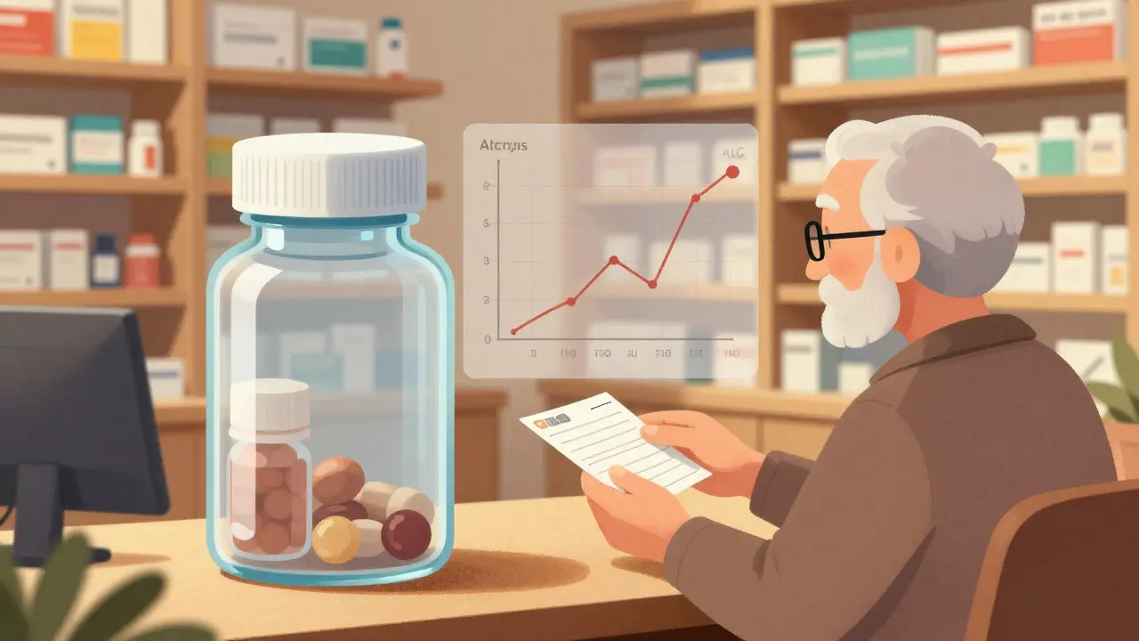 Pharmacien remettant une ordonnance à un patient âgé, avec des courbes de concentration sanguine en arrière-plan.