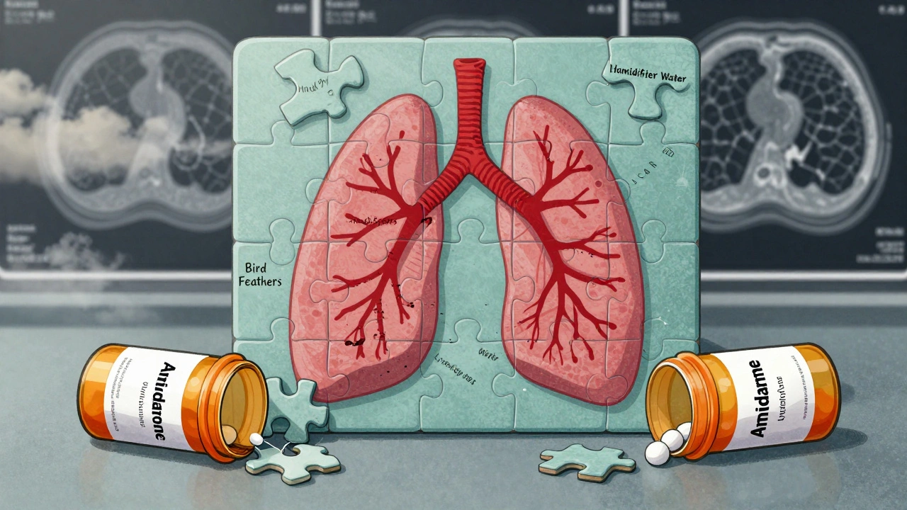 Puzzle médical montrant les causes réelles de la pneumonite d'hypersensibilité, avec un médicament exclu.